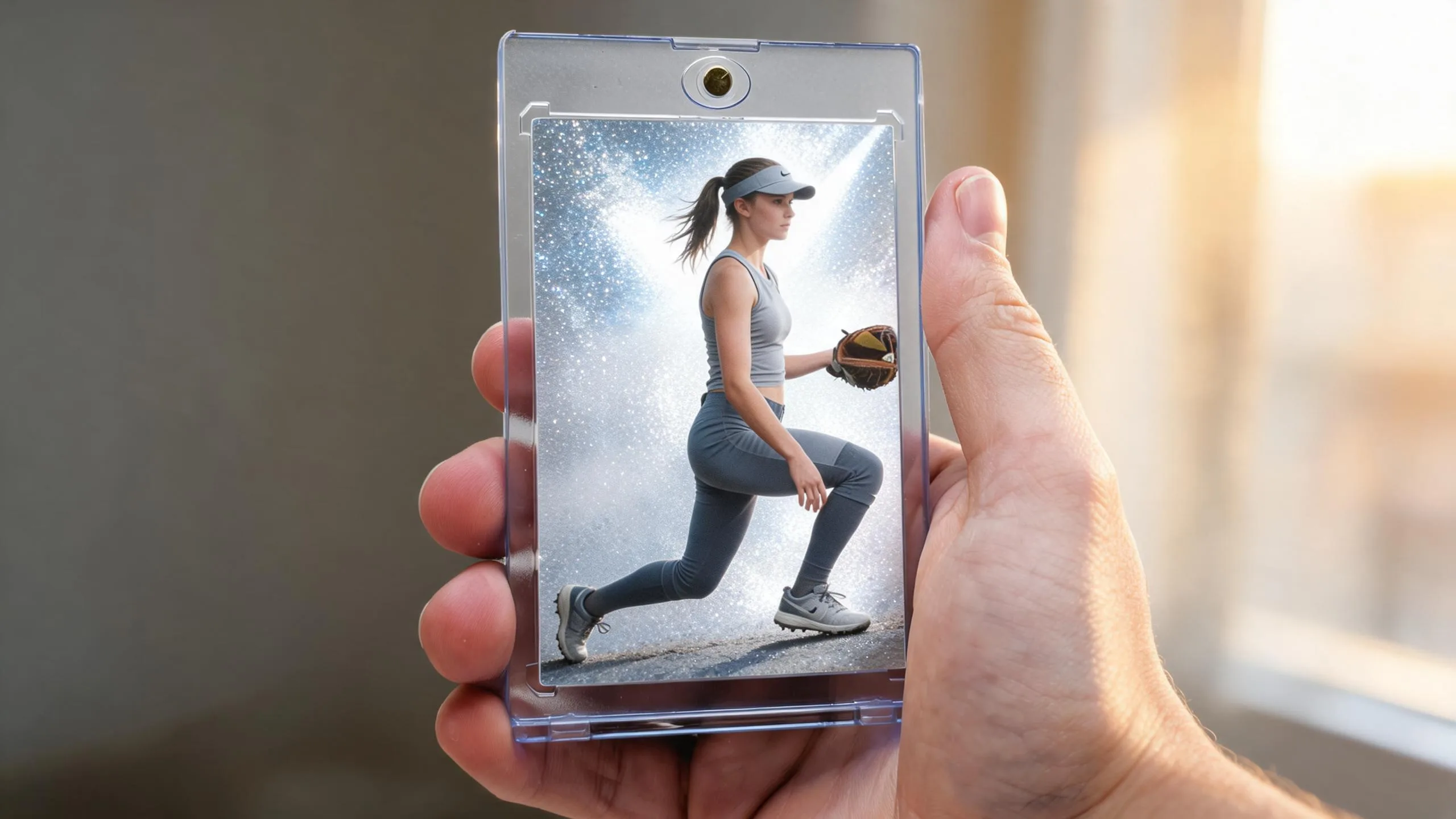 Hand holding magnetic case with athlete card, illustrating best canon lens sports photography techniques.