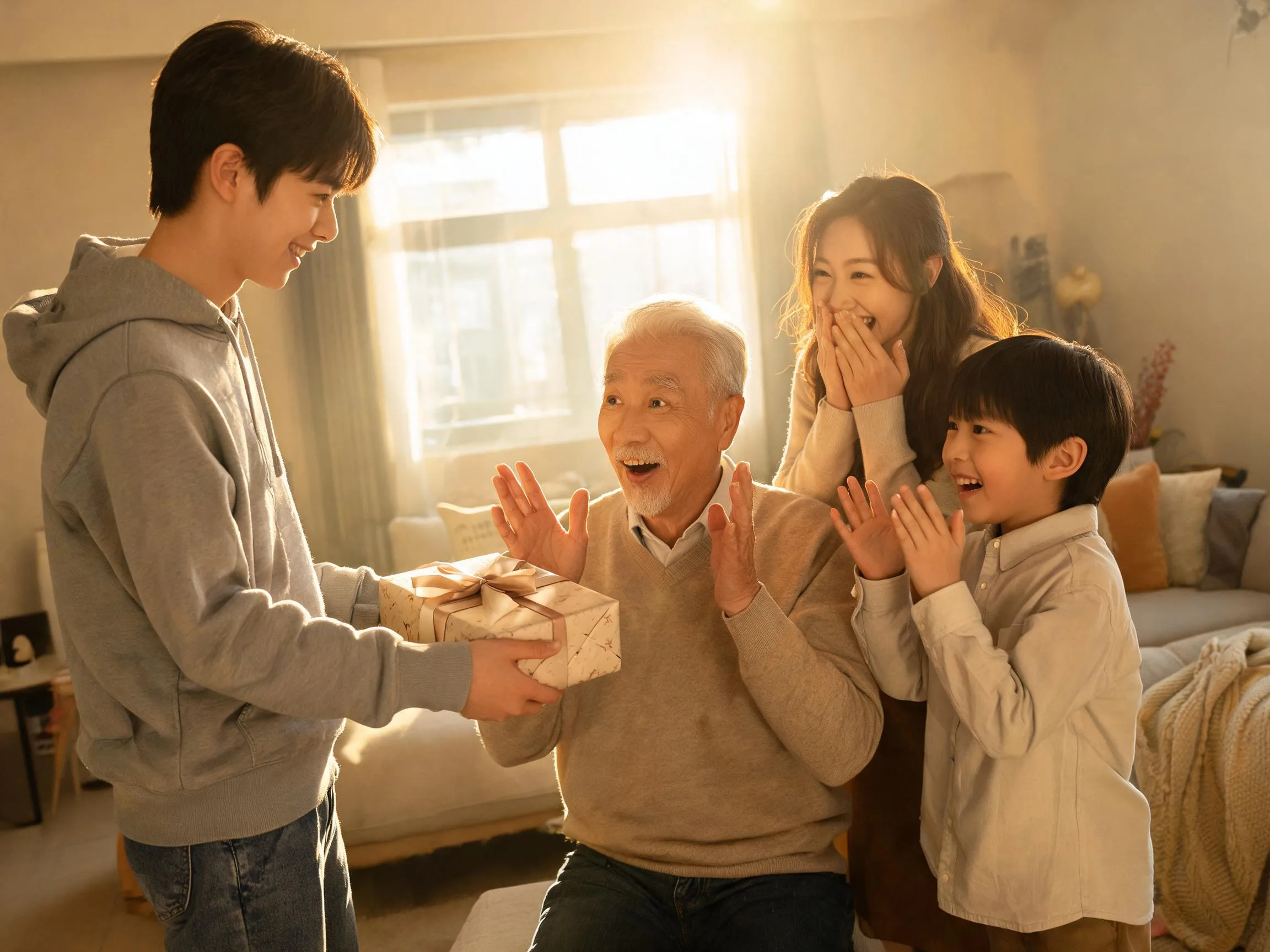 Family candidly reacting with joy as grandfather receives an unexpected wrapped gift indoors.
