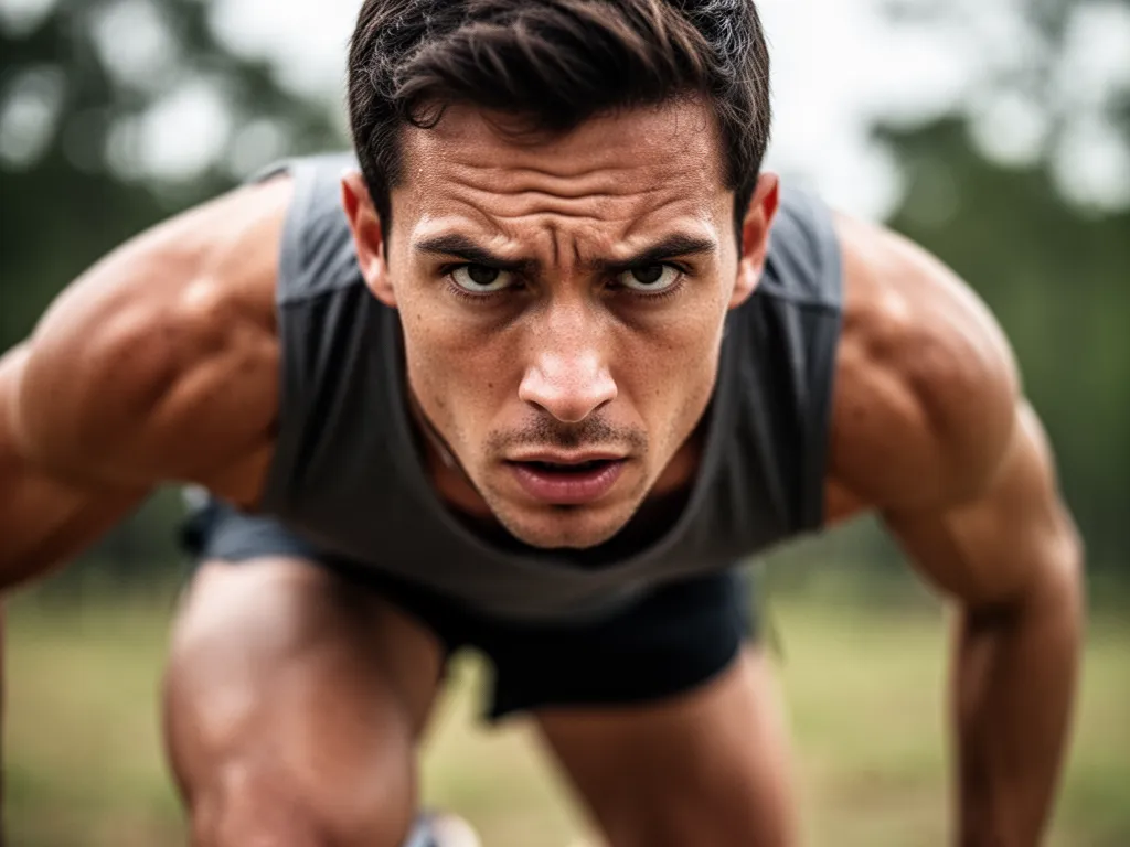 Athlete's concentrated facial expression and form during competitive sports moment in natural light