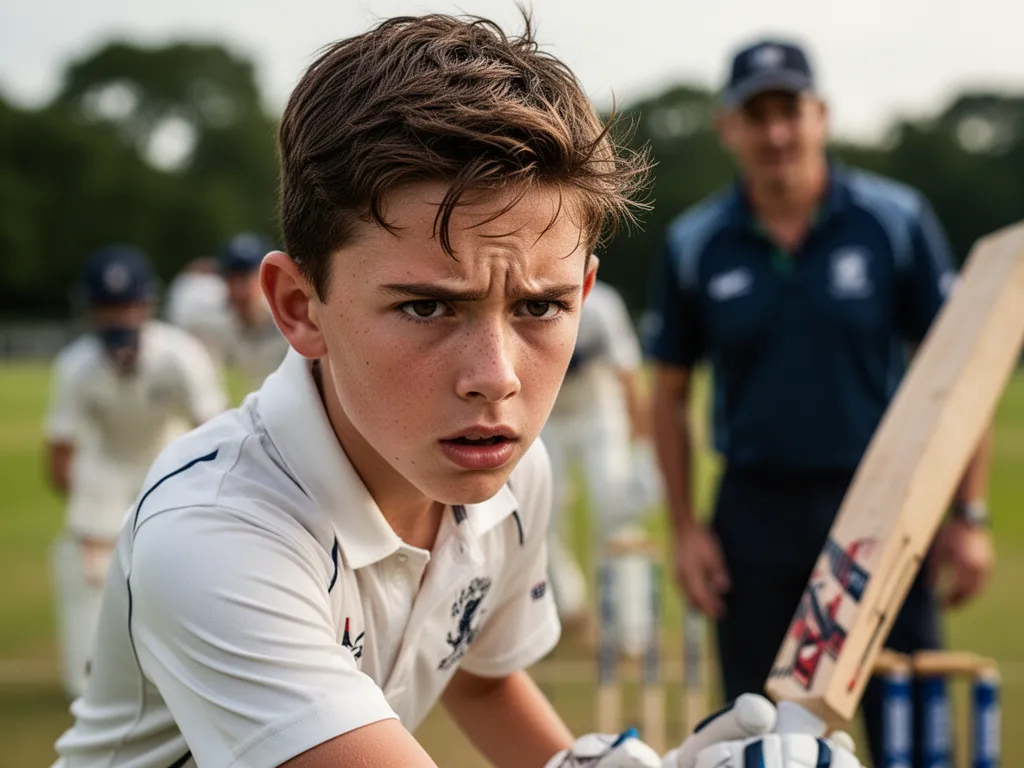 Young cricketer's determined expression while preparing to bat during practice session.
