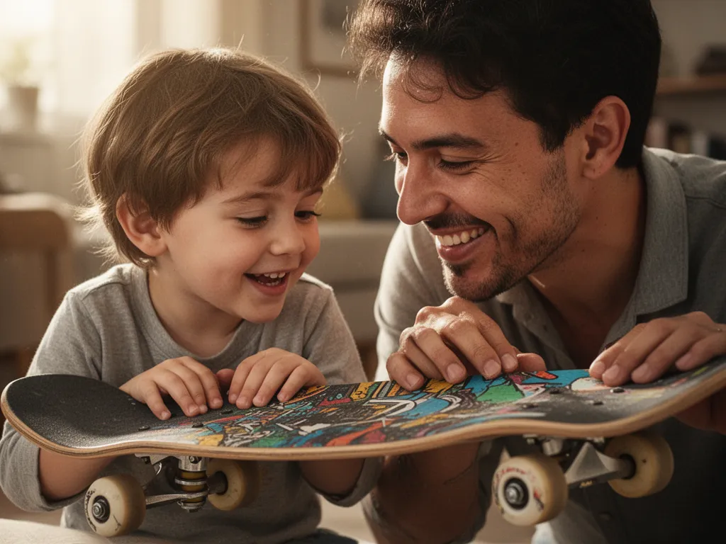 Parent and child smiling while inspecting a new skateboard together with warm indoor lighting