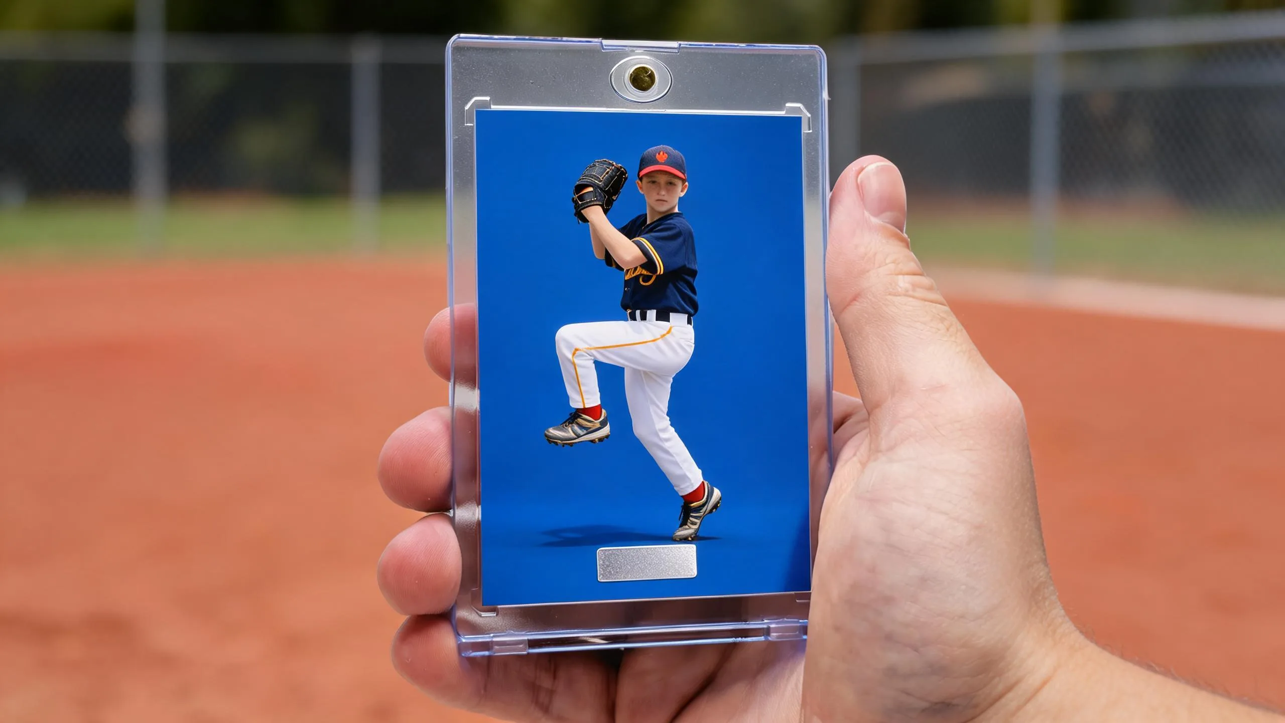 Hand holding magnetic case with best custom baseball cards featuring a pitcher mid-windup design.