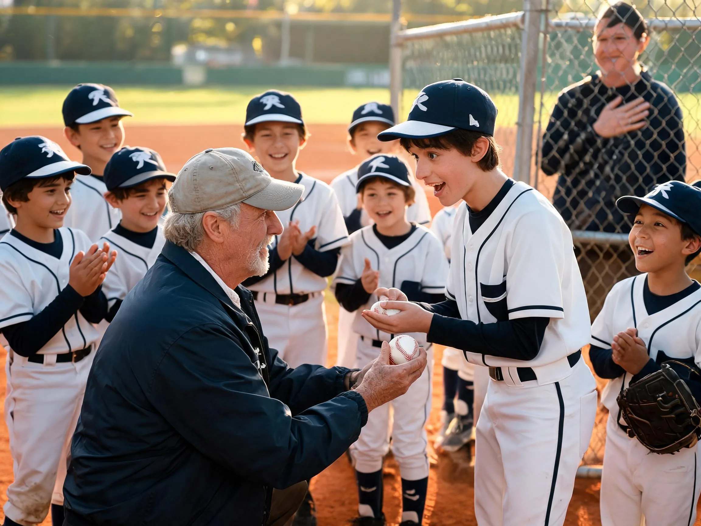 Coach and young athlete share proud emotional moment on sunlit baseball diamond with teammates.
