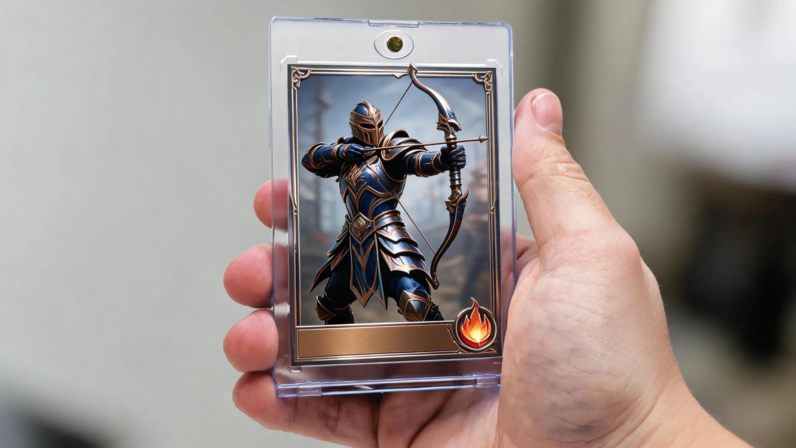 Hand holding best custom pokemon card maker magnetic case with painted archer trading card.