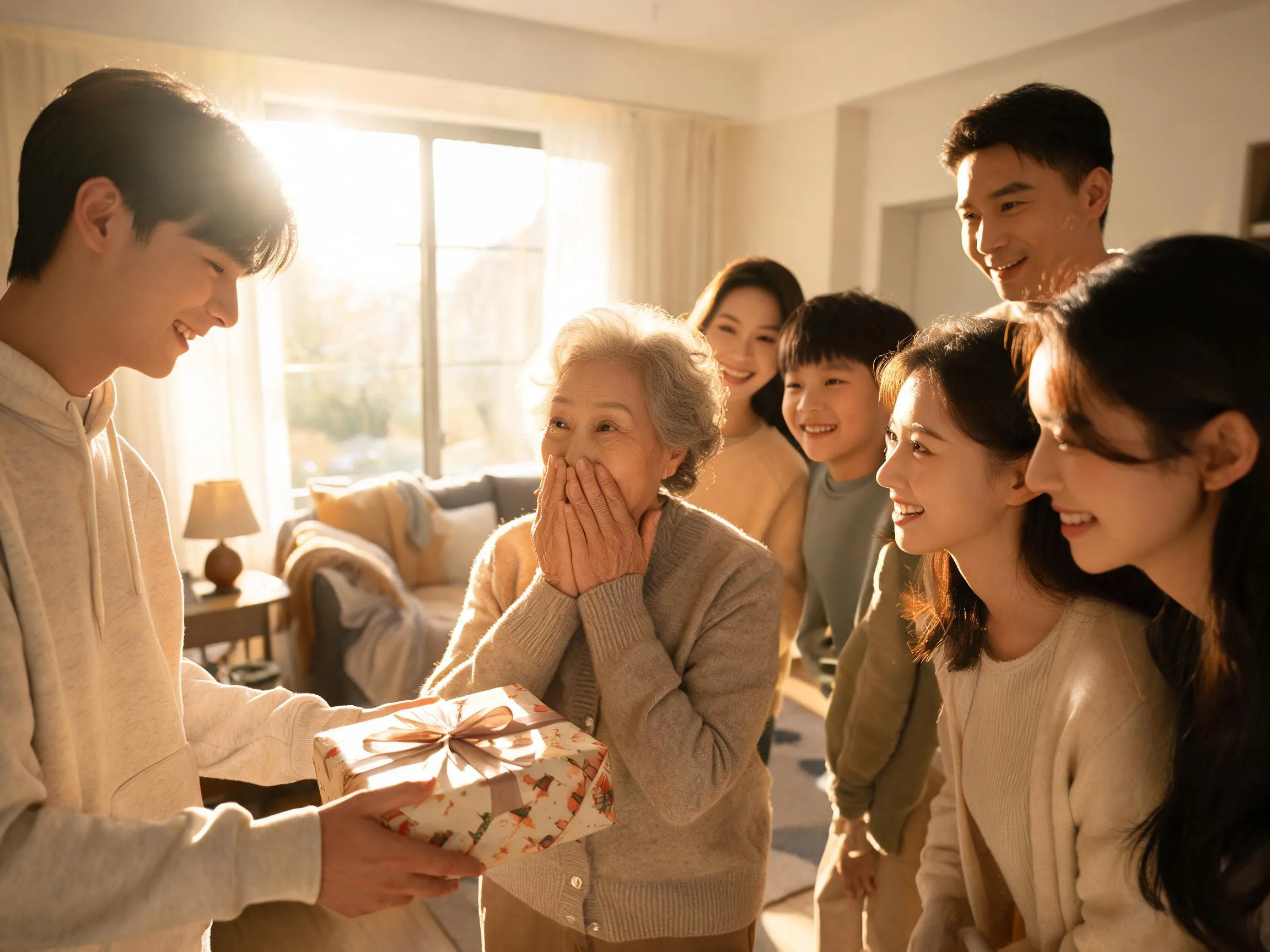 Grandmother reacts with joyful surprise receiving an unexpected gift from family.