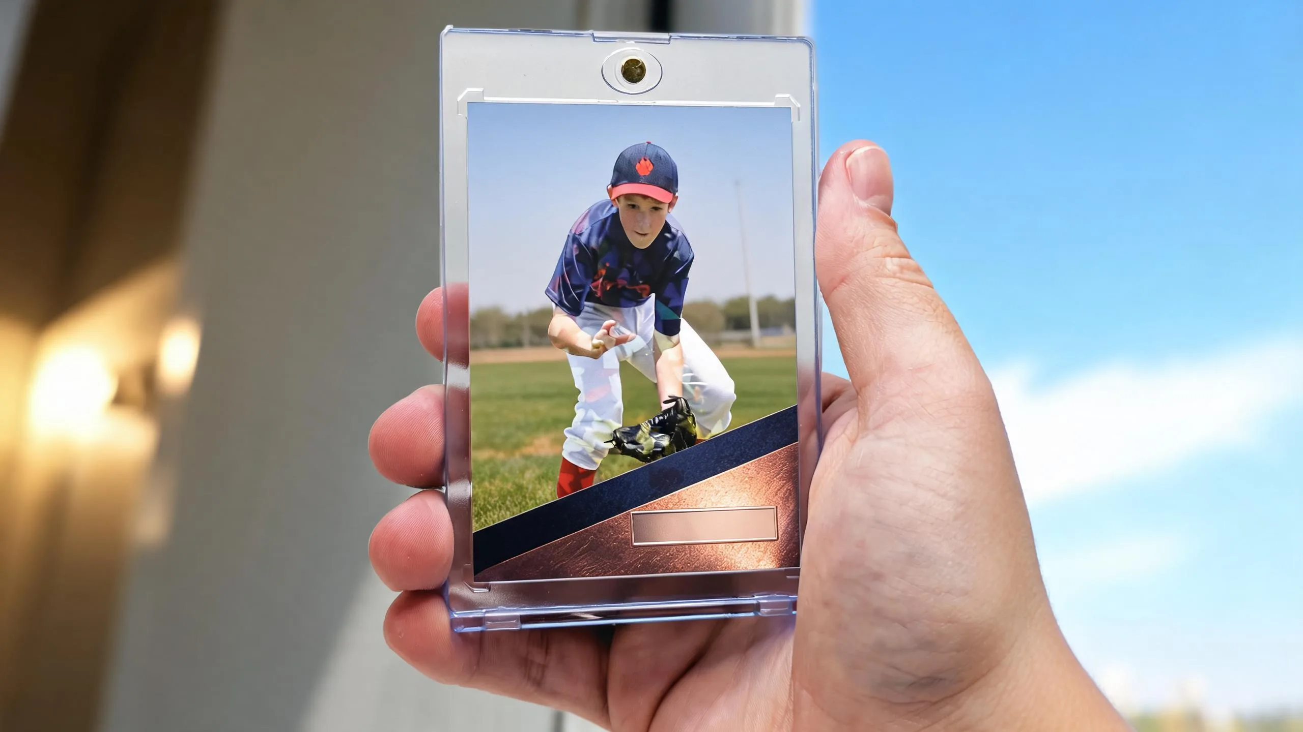 Hand holding a magnetic case with the best custom sports card, blue sky background