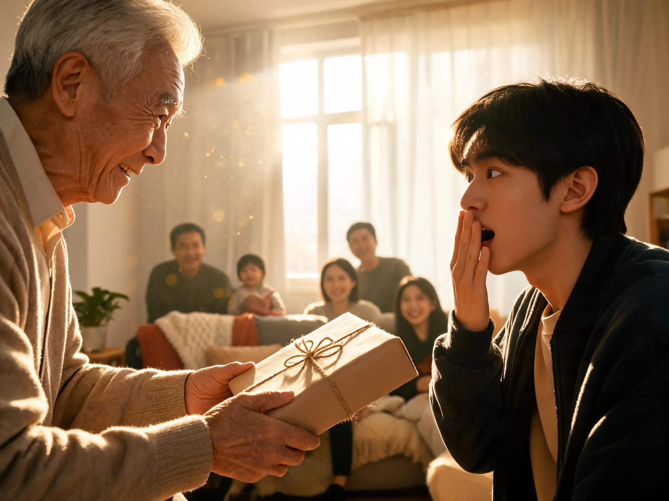 Grandfather surprises teenager with unexpected gift, genuine joyful reaction in warm light