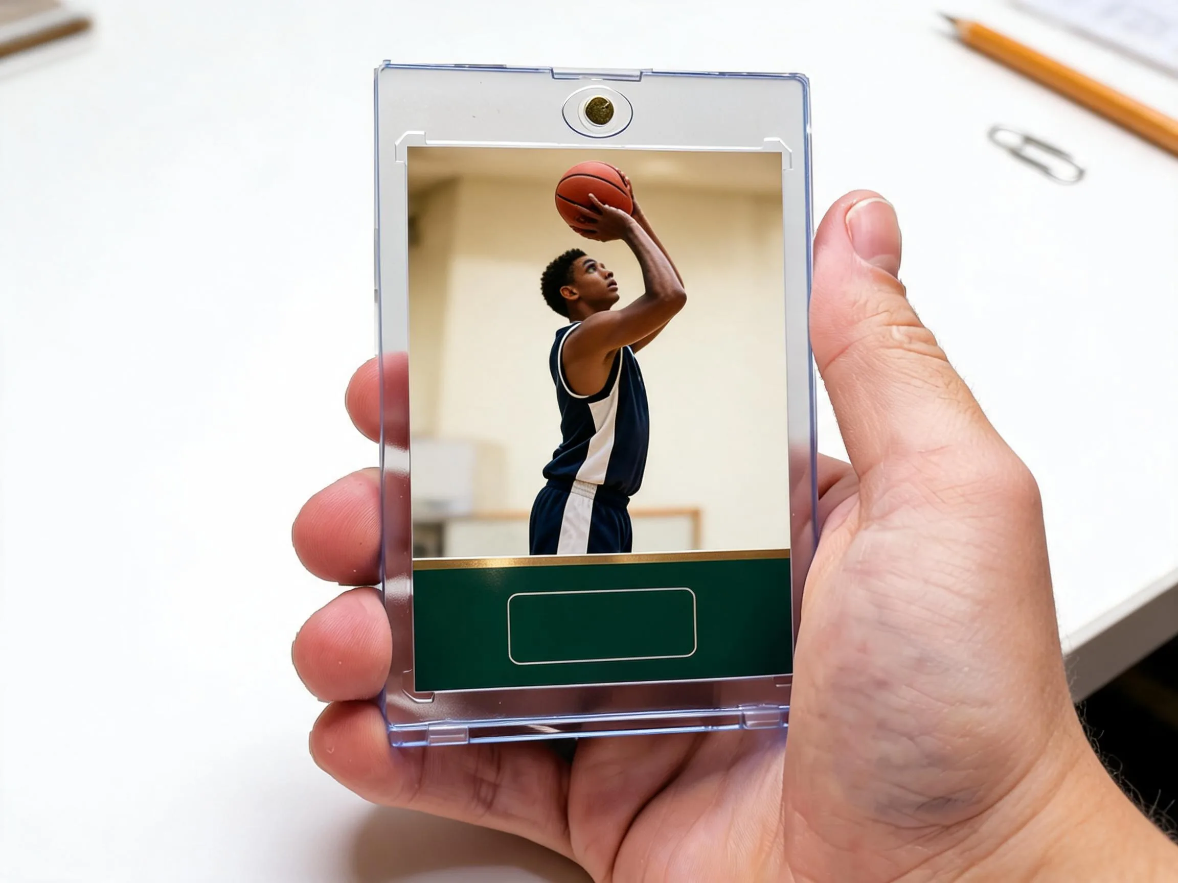 Custom keepsake trading card in a clear magnetic case standing on white tabletop