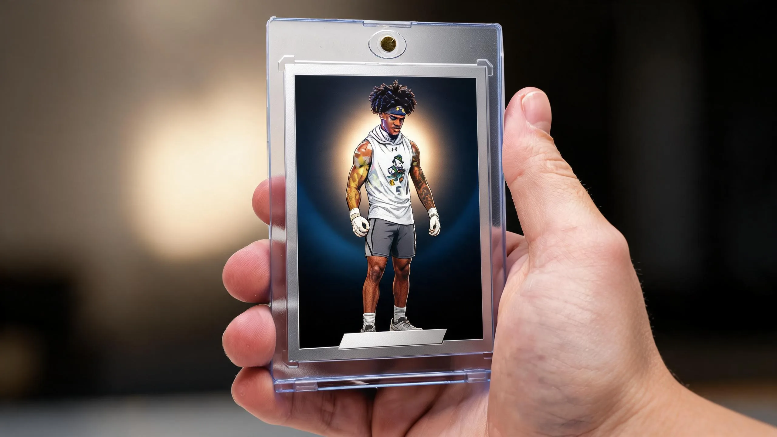 Hand holding best custom trading cards in a clear magnetic case with stadium-night design