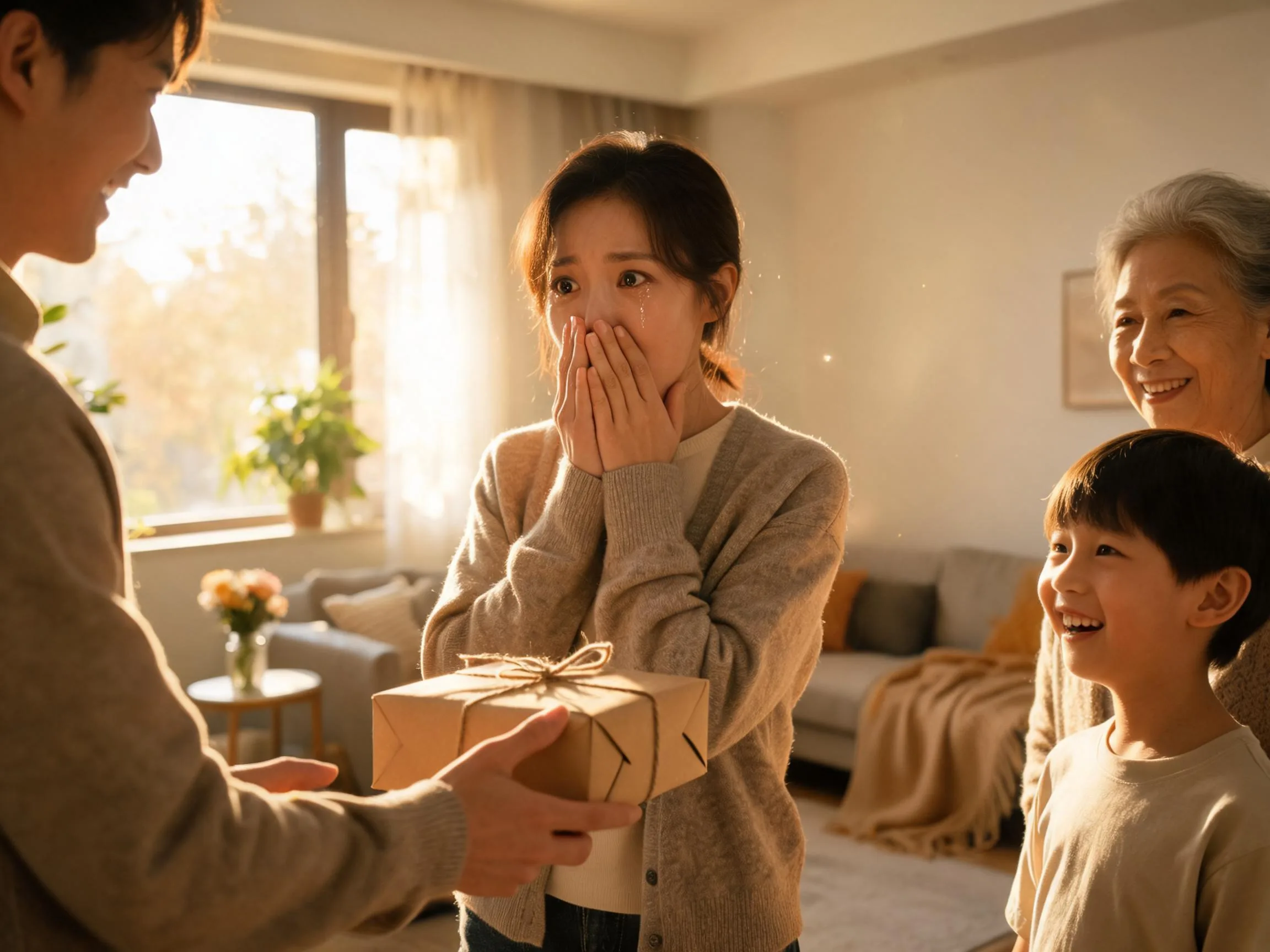 Person reacting with genuine surprise while being handed an unexpected gift indoors