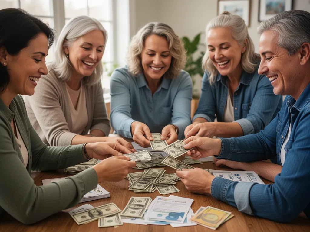 Team members and parents smiling while counting money and organizing fundraiser donations together at a table