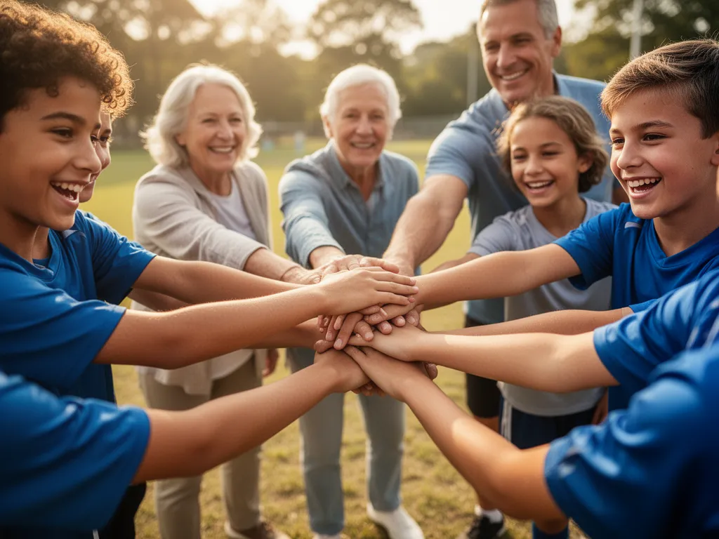 Young athletes' hands joined together in a huddle with smiling faces showing teamwork and community support.