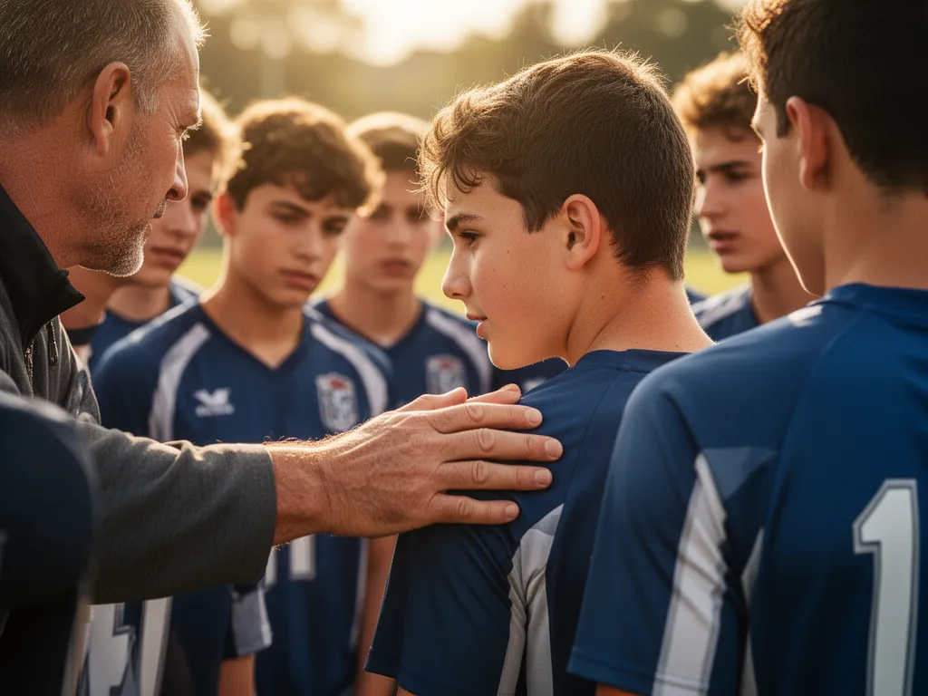 Coach mentoring young athlete with supportive hand during team huddle moment