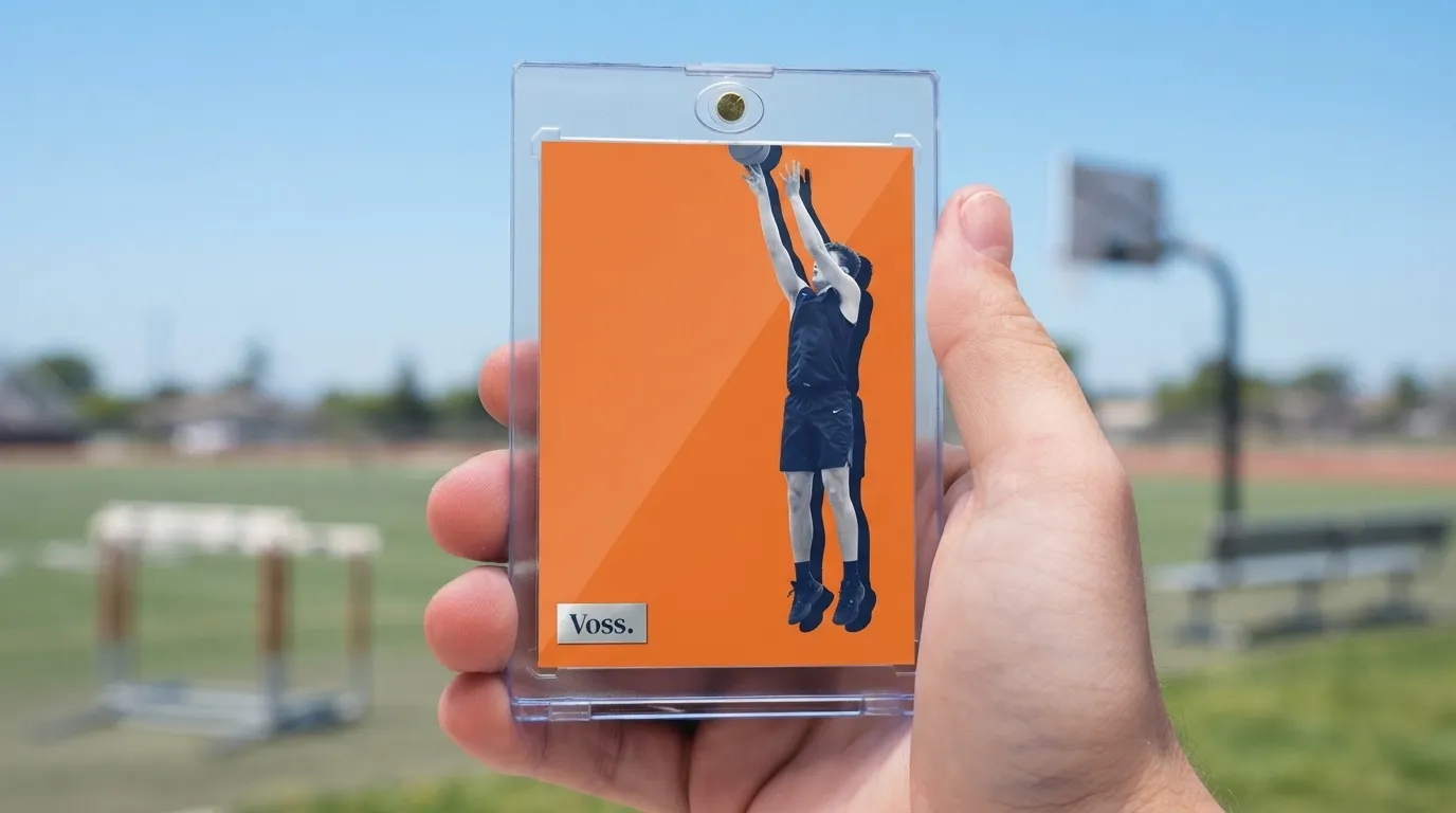 Hand holding magnetic case with best gag gifts for men trading card of a leaping basketball player.