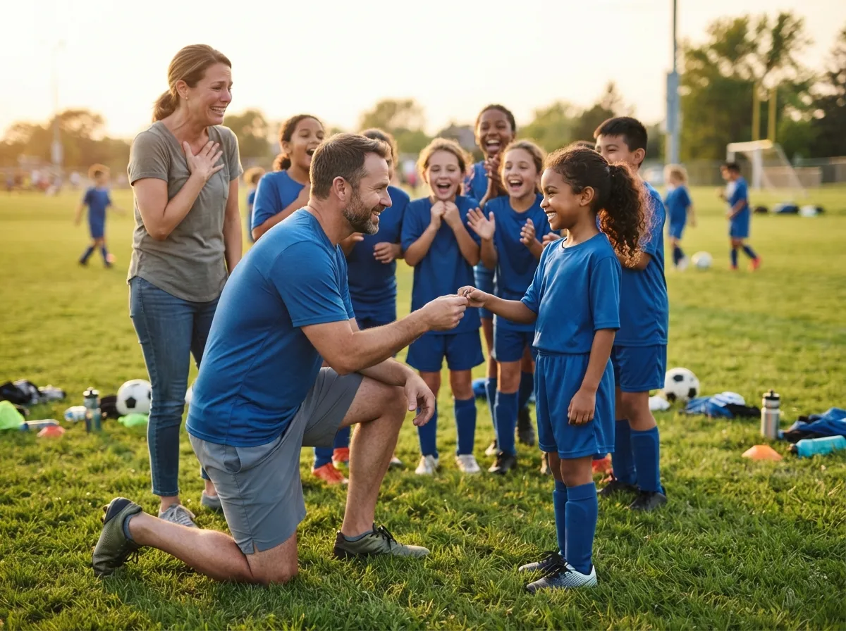 Coach shares proud emotional moment with young athlete as parents and team celebrate outdoors.
