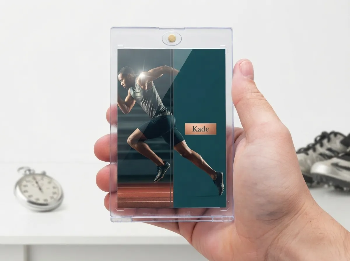 Custom sports trading card of a sprinter in a magnetic case, split-panel design.
