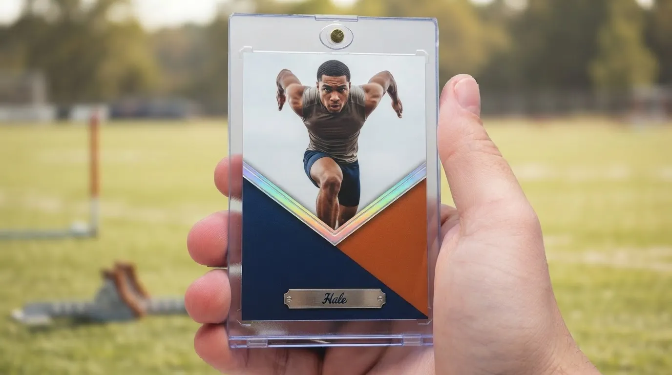 Hand holding magnetic case with best gag gifts sports card, sprinter design, diagonal chrome frame.