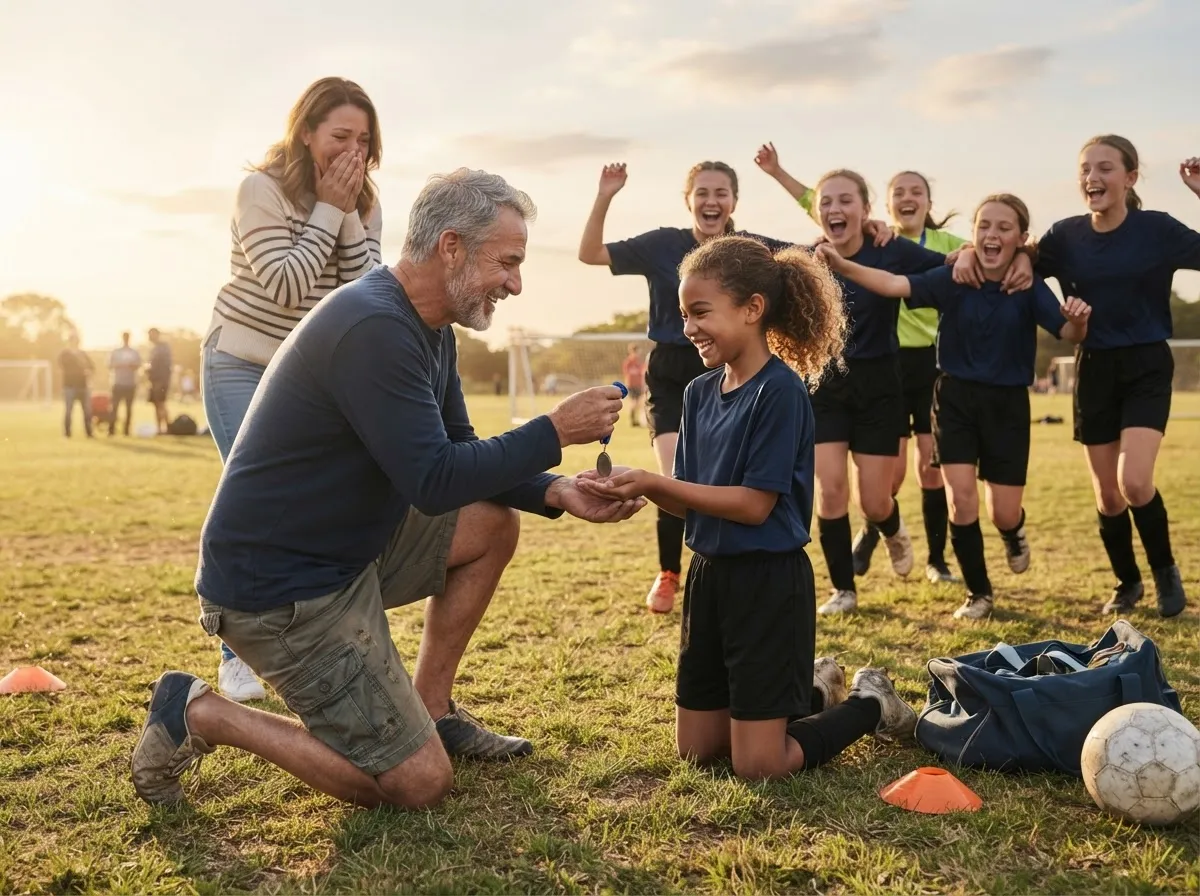 Coach and teammates celebrate with young athlete on sunlit field, proud parent watching.