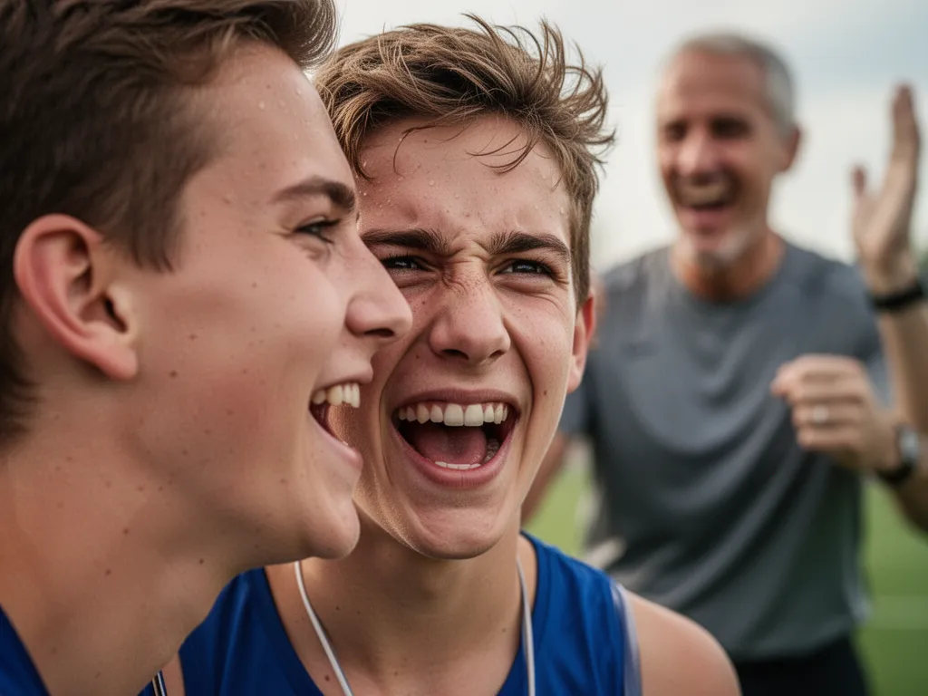 [Young athlete smiling with pride while parent celebrates moment together outdoors]