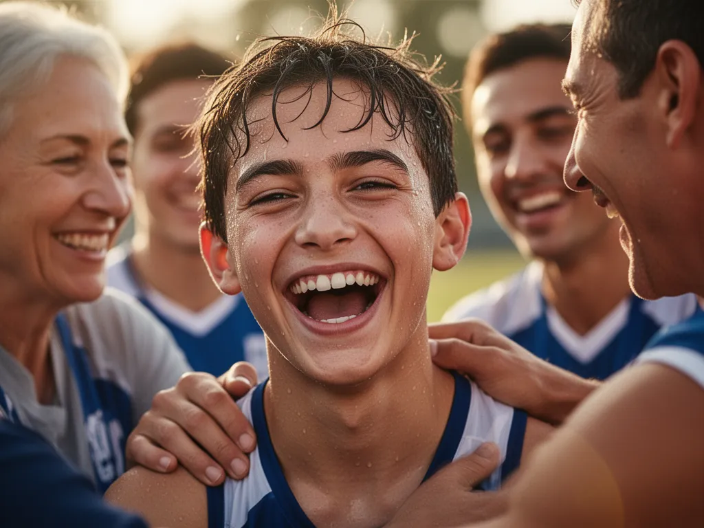 Young athlete's joyful face during celebration moment surrounded by supportive family and teammates