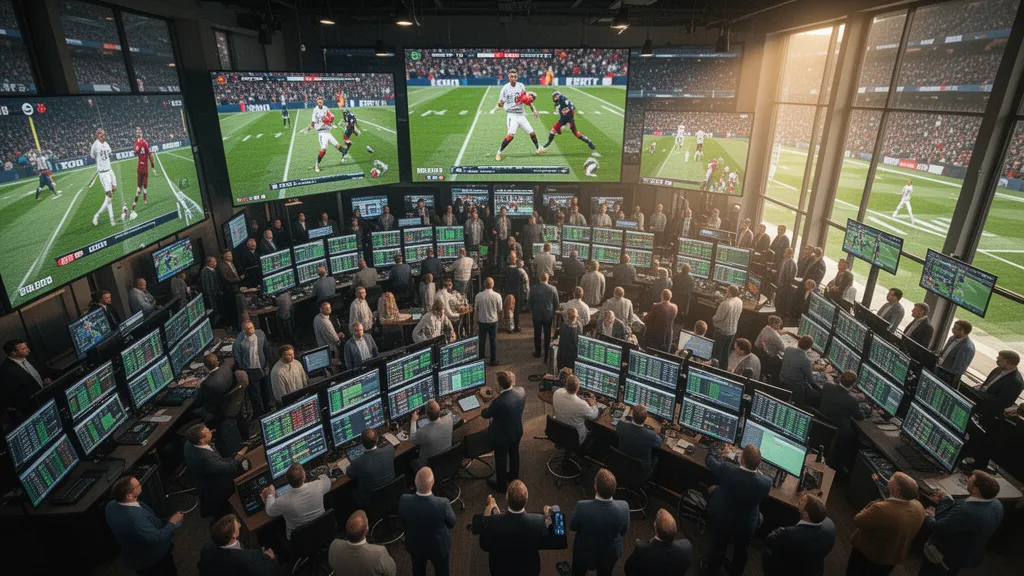 Sports bettors gathered in a lively sportsbook watching multiple live games on screens with focused intensity