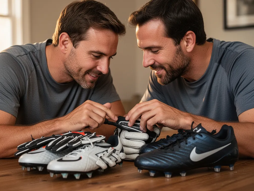 Father and son bonding over sports equipment with warm affection and shared interest