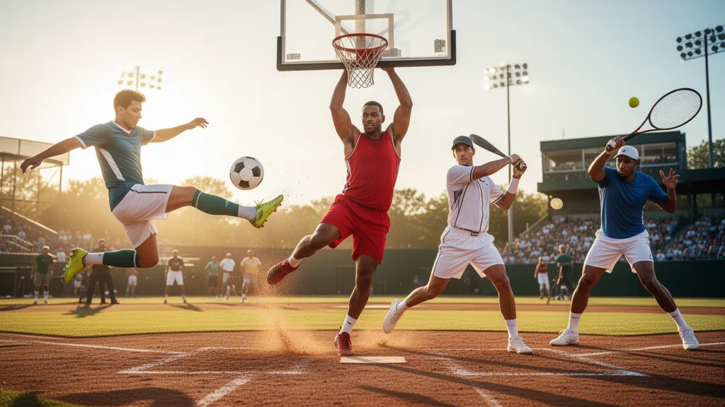 Multiple athletes from different sports captured in dynamic action moments with natural outdoor lighting
