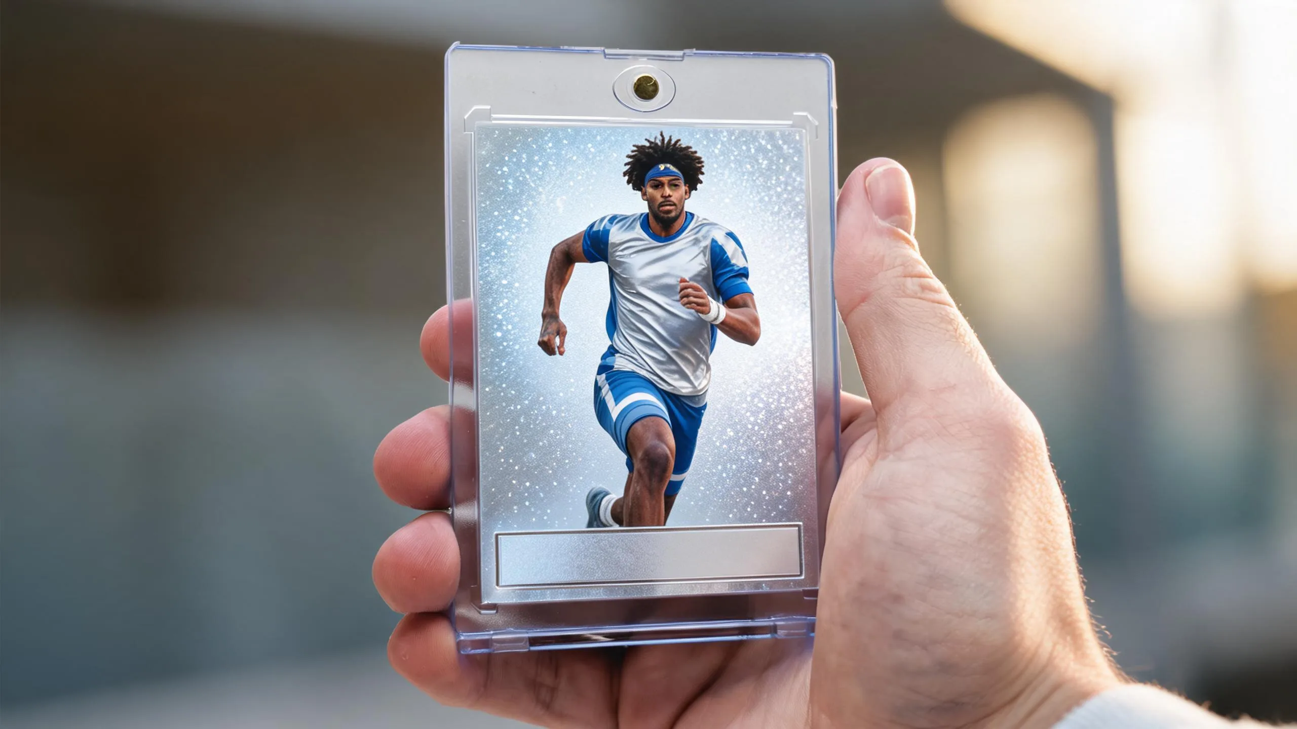 Hand holding a magnetic case with an icy blue refractor card, illustrating best gifts for sports fans.