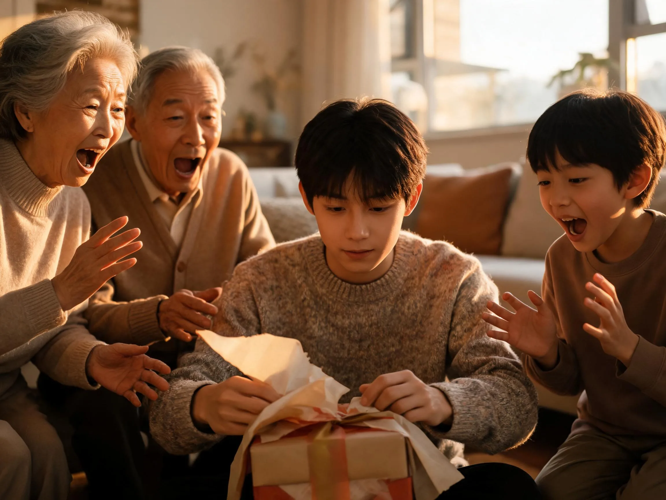 Family sharing a joyful surprise gift-unwrapping moment together in warm afternoon light.