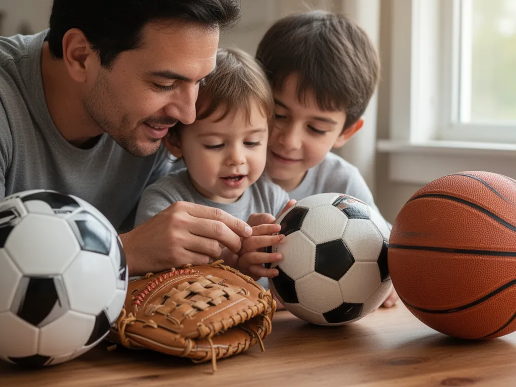 Parent and child bonding while exploring sports equipment together indoors with warm natural light