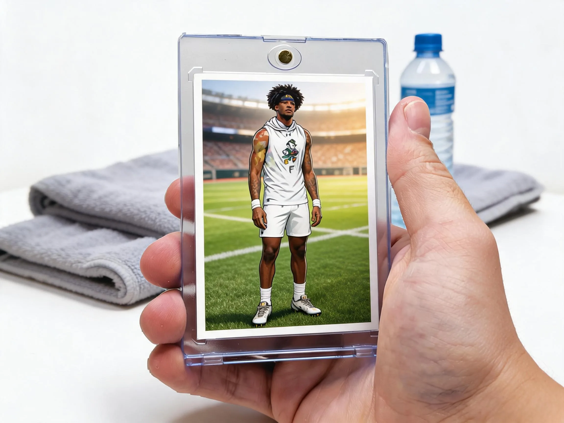 Custom keepsake trading card in a magnetic case, showing a sunlit stadium-style athlete design.