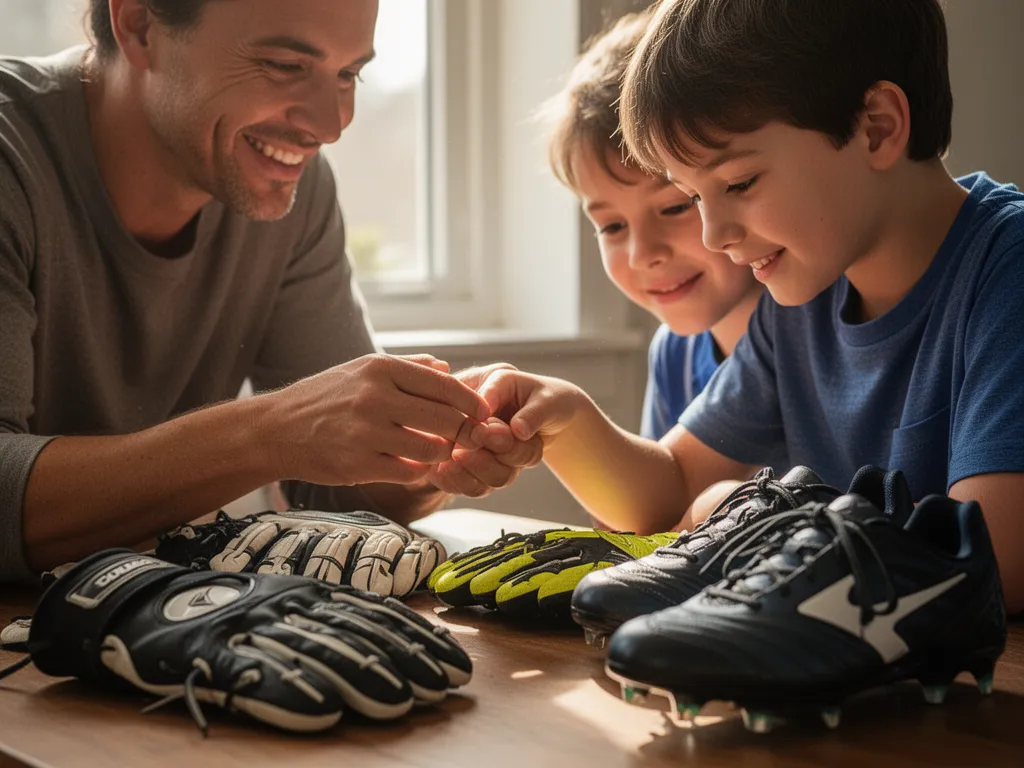 Parent and child bonding while looking at sports equipment and gear together indoors with natural light.