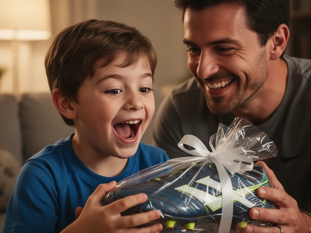 [Young boy's joyful expression opening sports gift with father watching proudly]