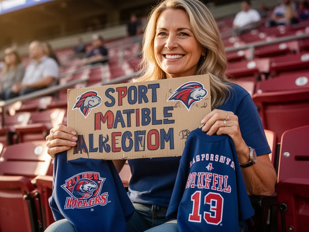 Sports mom proudly displaying homemade sign and team gear with genuine emotional expression