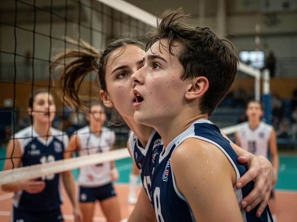 Determined young volleyball athlete captured mid-jump spike with focused expression during match