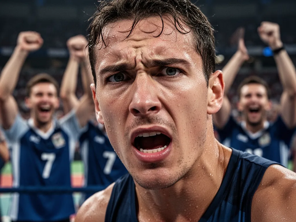 [Athlete's concentrated face during competition with blurred supporters celebrating behind them]