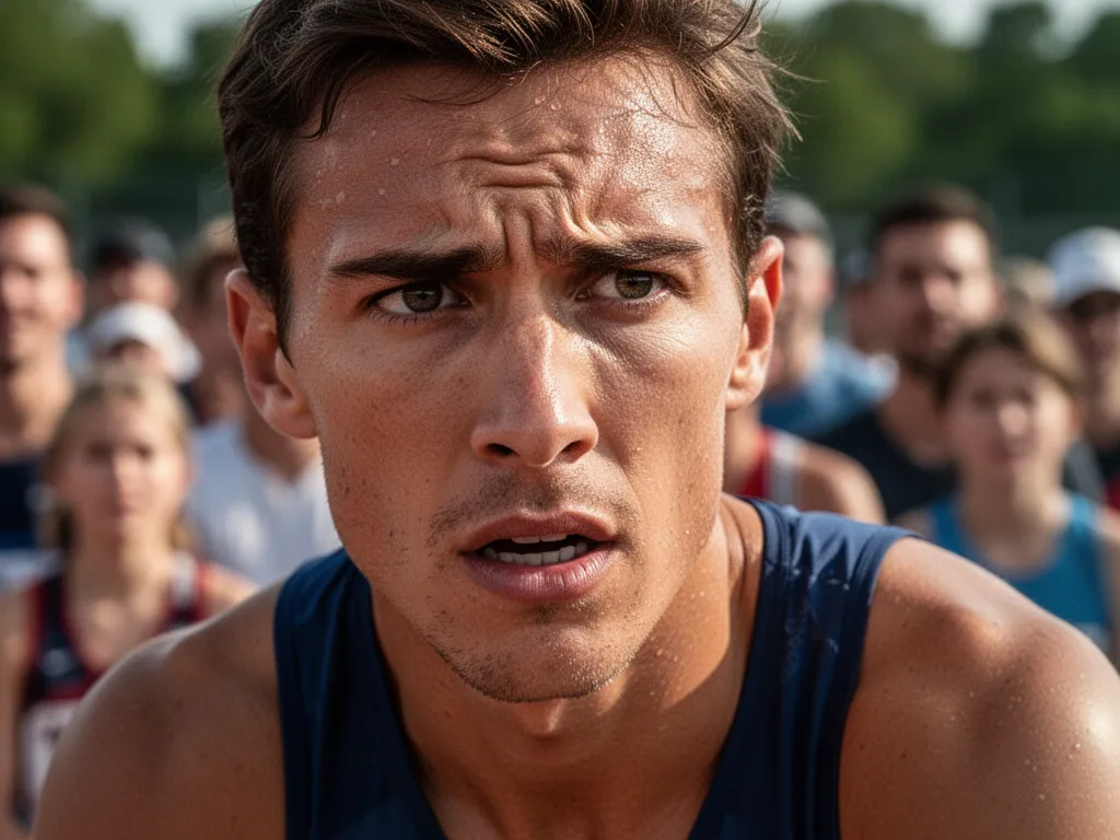 Athlete's determined expression during competition with supportive spectators blurred in background