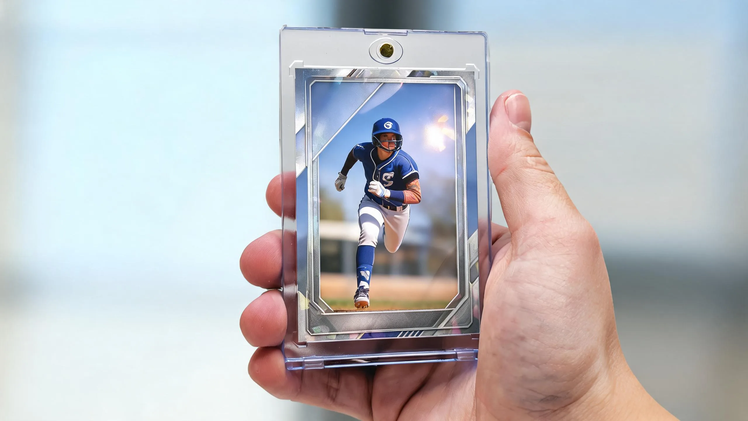 Hand holding magnetic case with athlete card, illustrating best lens sports photography techniques.