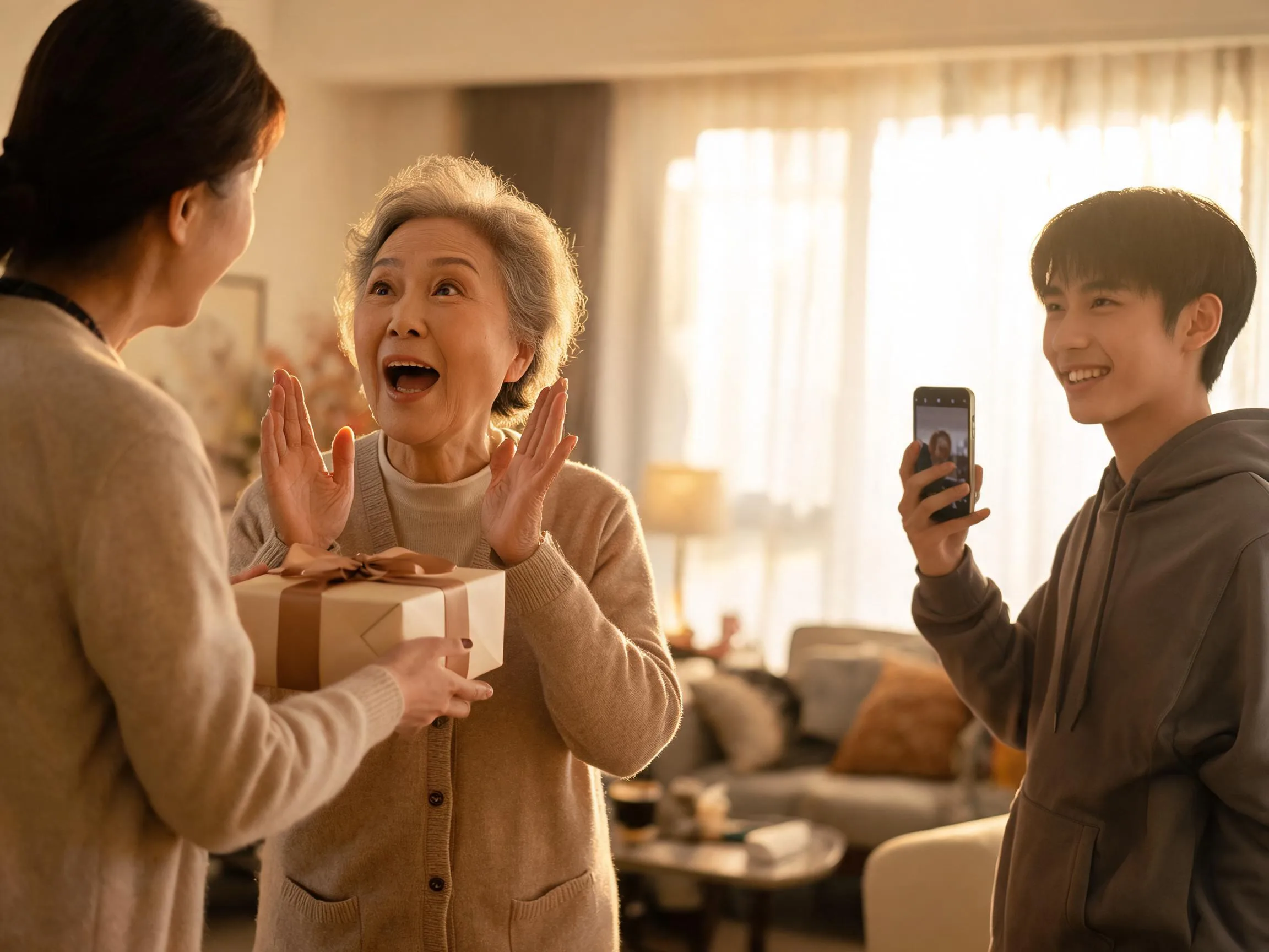 Older adult reacting with joyful surprise to an unexpected gift indoors.