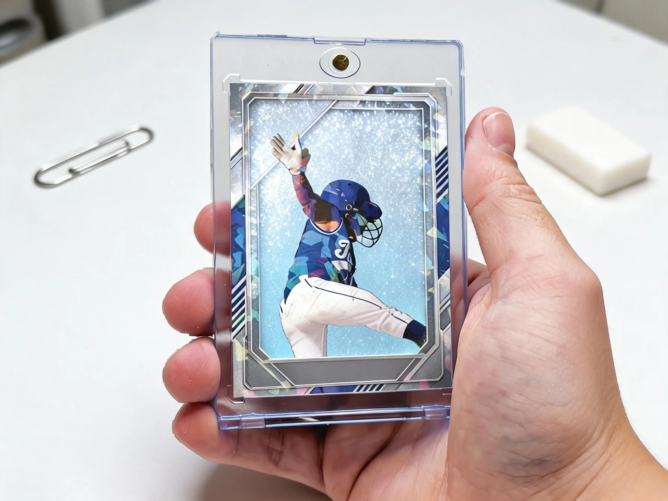 Custom keepsake trading card in clear magnetic case displayed on white tabletop.