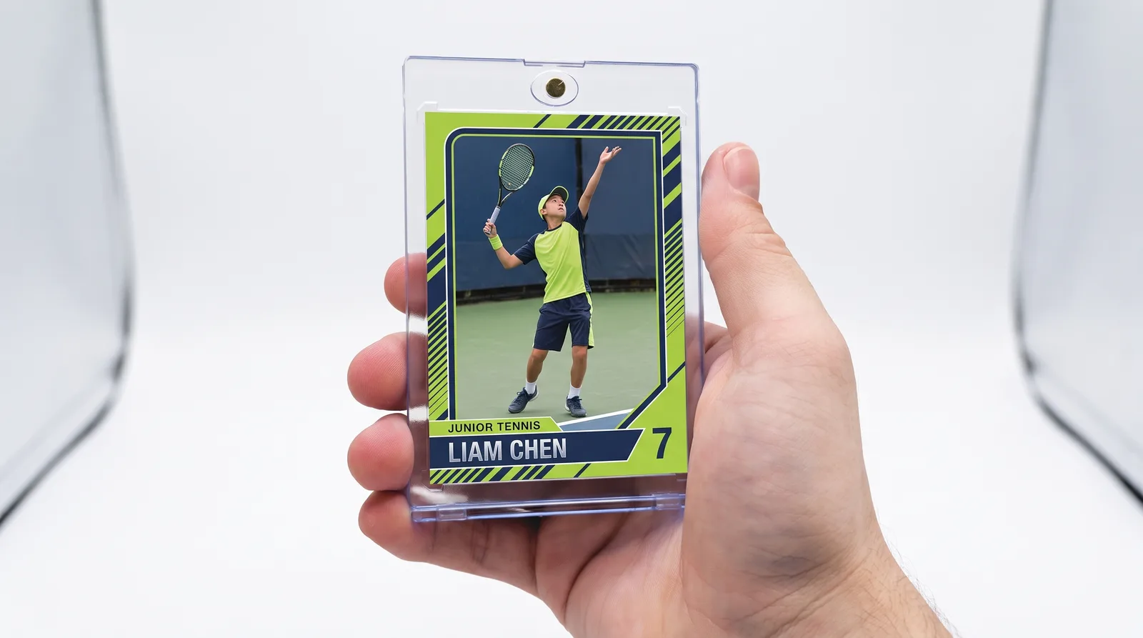 Custom tennis trading card held in a one-touch magnetic display case