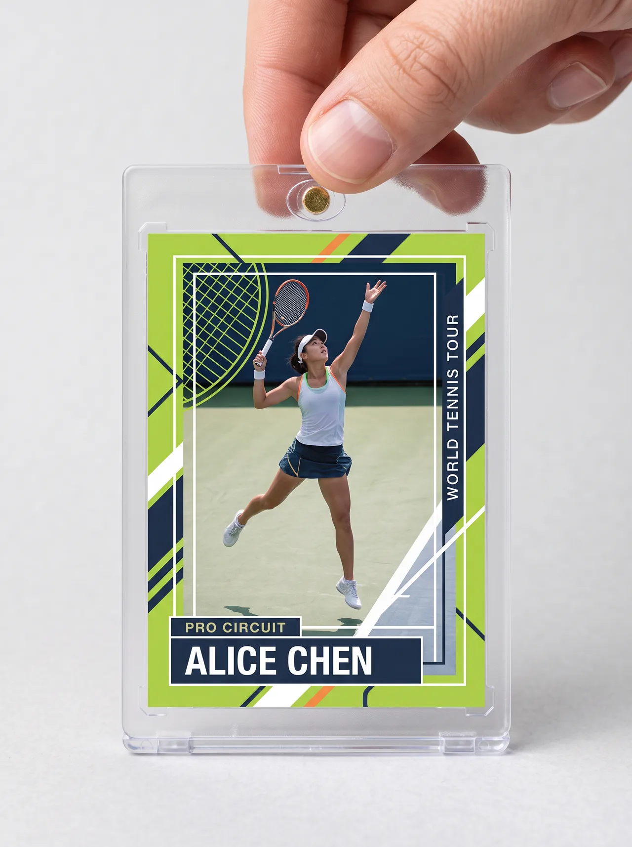 Custom tennis trading card held between finger and thumb in its magnetic case
