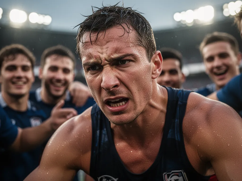 Athlete's focused expression showing determination and intensity during competitive sports performance moment