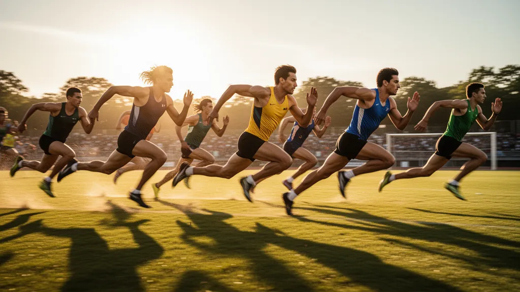 Multiple athletes sprinting together across an outdoor field in natural sunlight with dynamic motion
