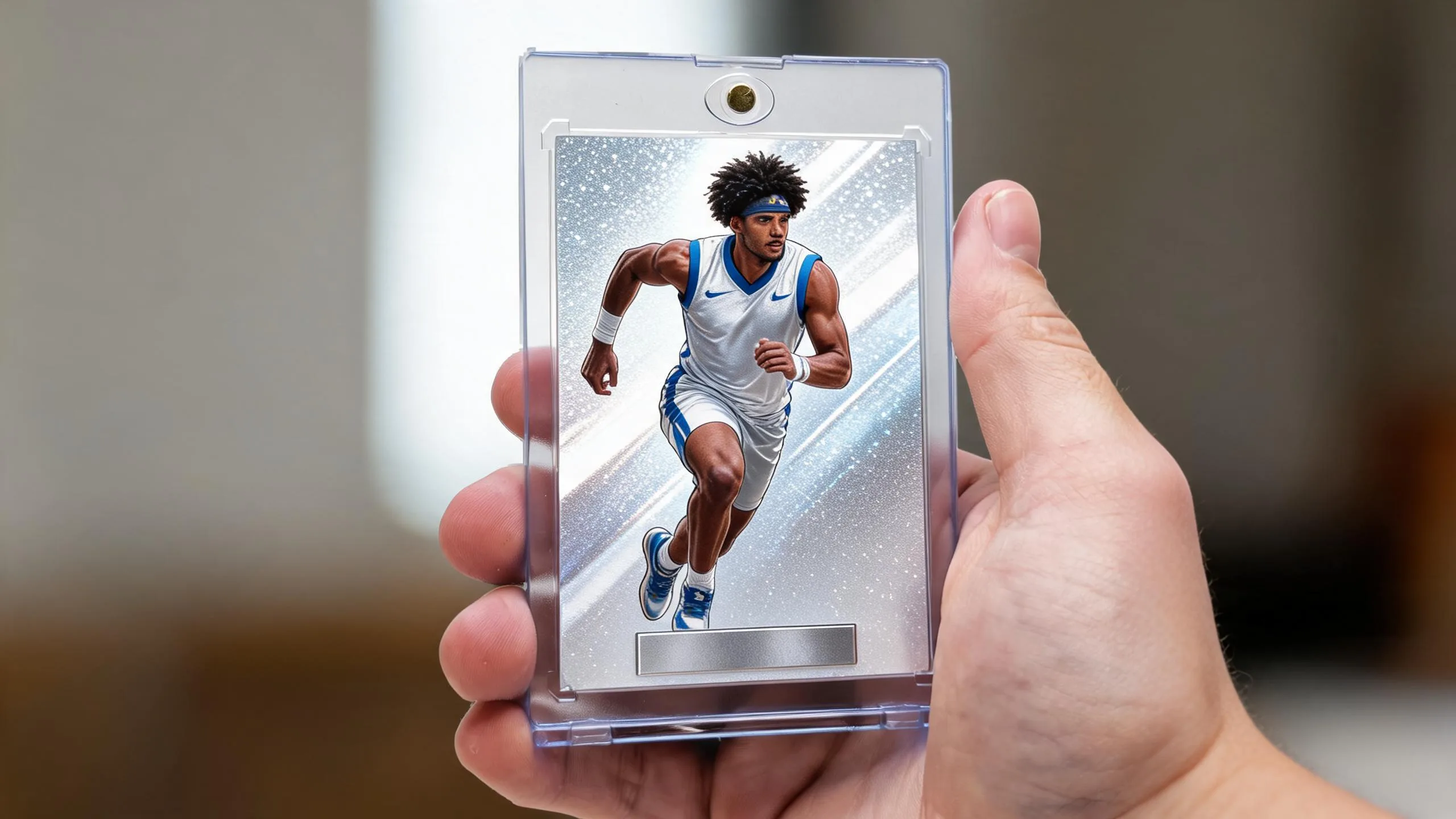 Hand holding magnetic case with athlete card, illustrating best lenses for sports photography sony.