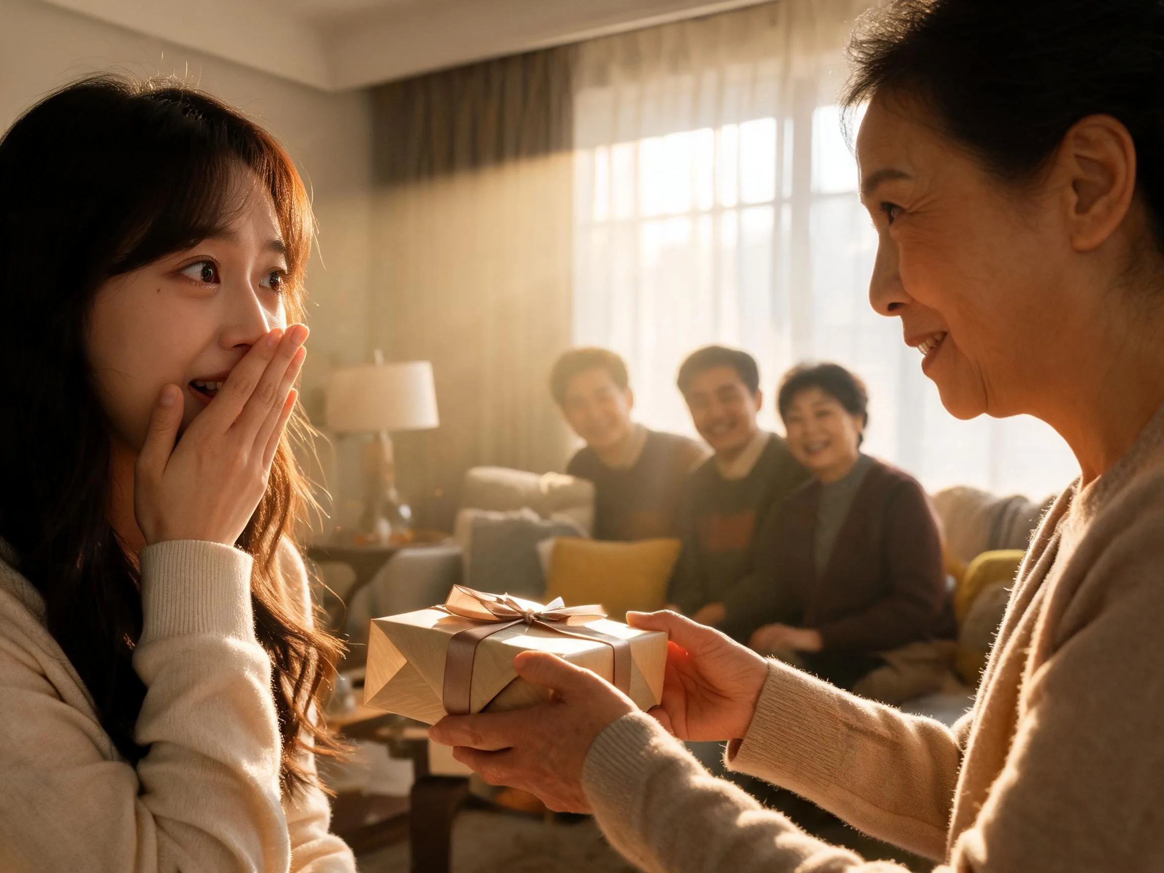 Woman reacting with genuine surprise while receiving an unexpected gift indoors.