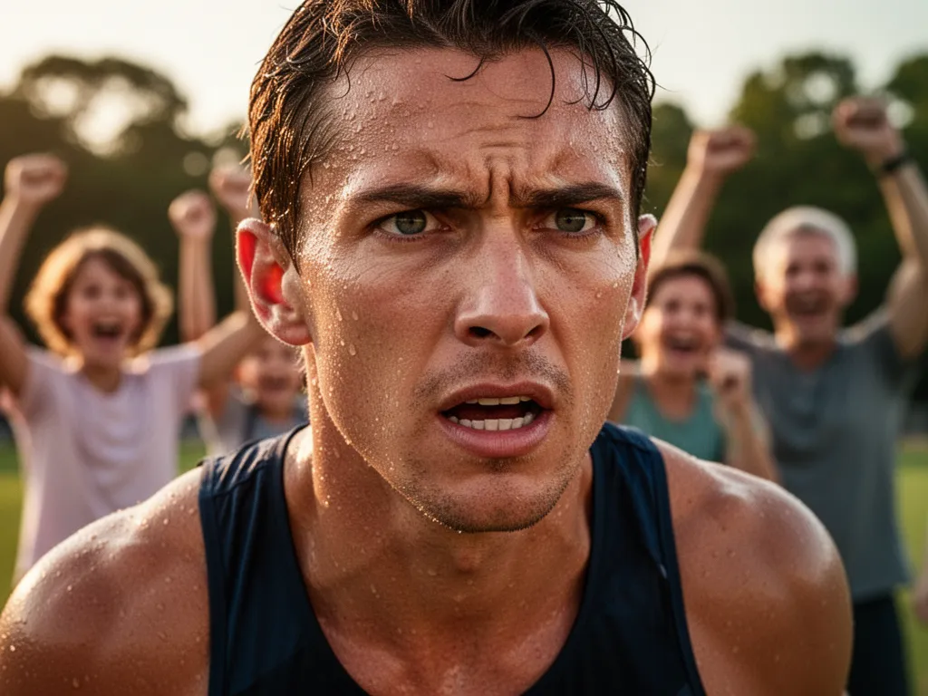 Athlete's determined facial expression during competition with supporters celebrating in the background