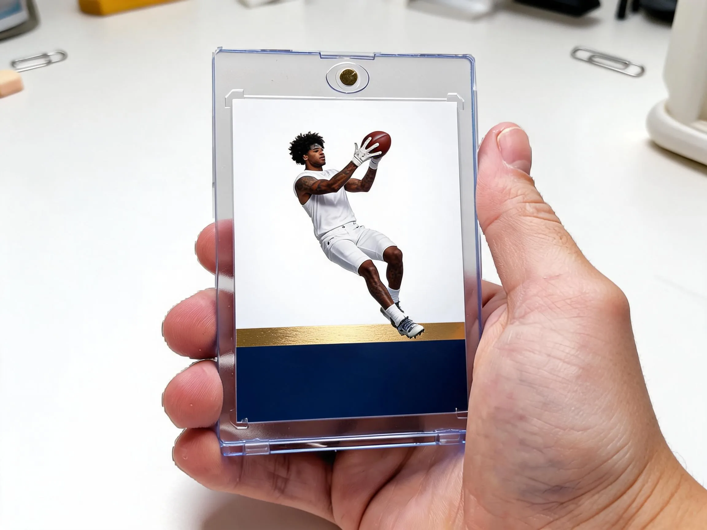 Custom keepsake trading card in a magnetic case on white tabletop display.
