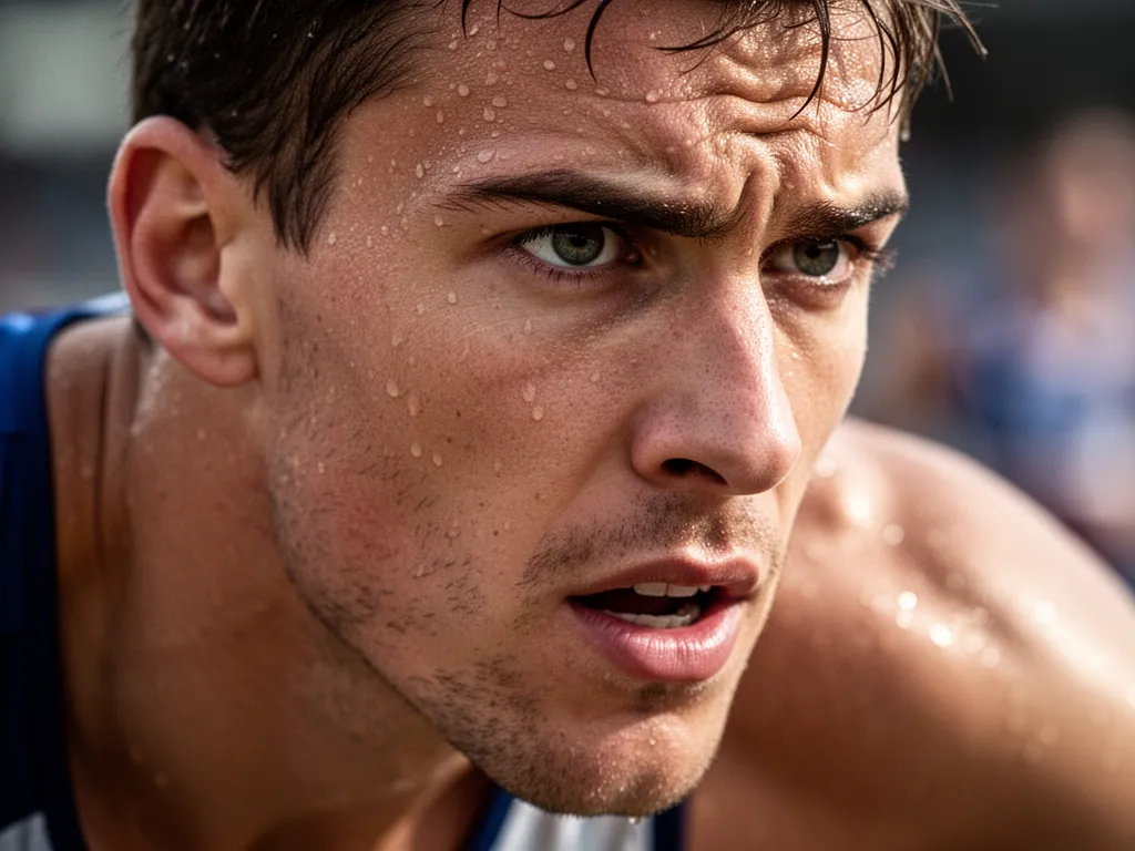 Close-up of determined athlete's face showing intensity and focus during competitive sports moment.