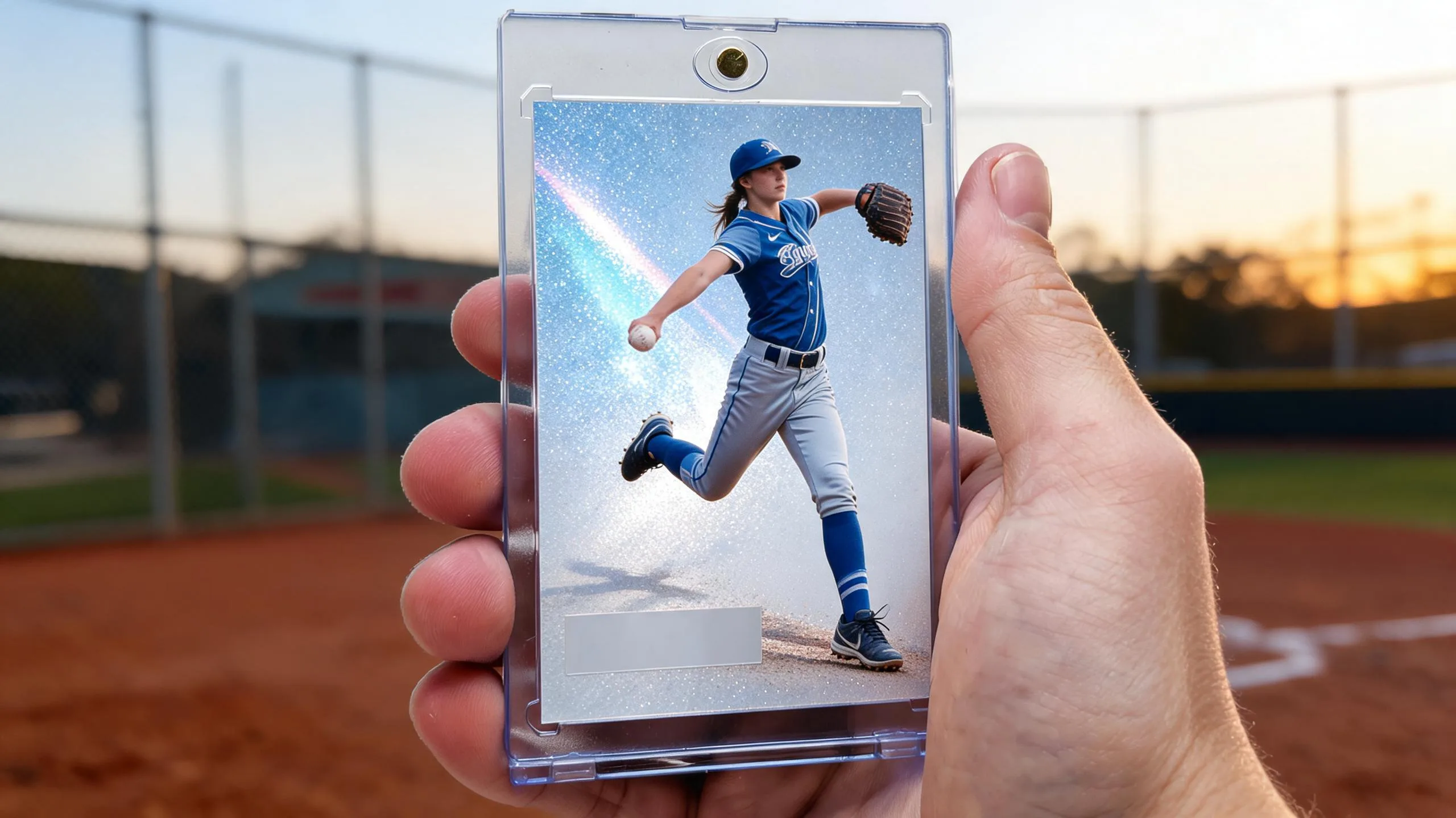 Hand holding best mlb cards to buy right now pitcher card in magnetic case, golden diamond backdrop